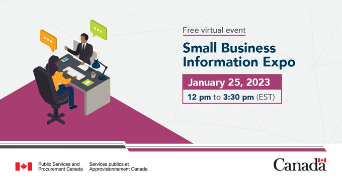 An infographic for the Small Business Information Expo that showcases a graphic of two people working at a desk over top of a mulberry coloured triangle in the bottom left corner.