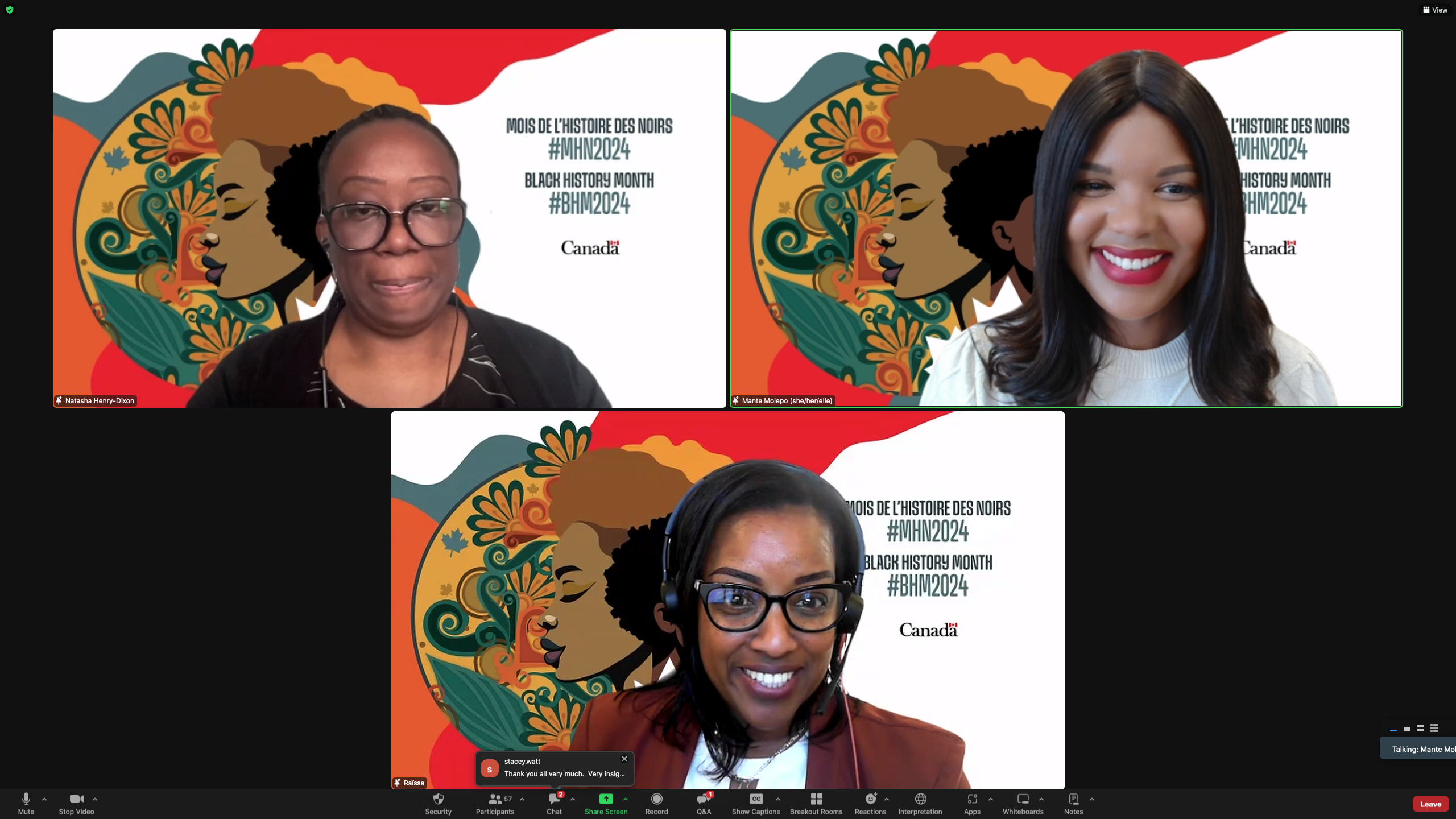 Three Women of Colour named Natasha Henry-Dixon, Mante Molepo, Raïssa are on a Zoom screen. They have a virtual background that reads: "Mois de l'histoire des Noirs #MHN2024, Black History Month #BHM2024"