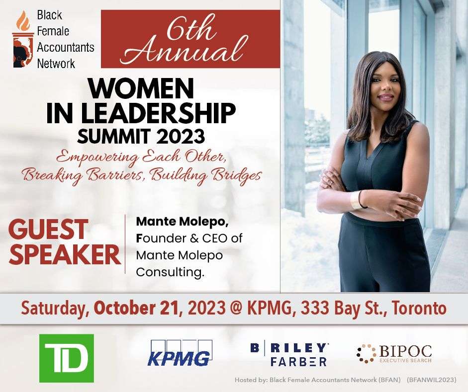 An infographic for the The Black Female Accountants Network showcases information about the 6th Annual Women in Leadership Summit for 2023. An image of Mante Molepo standing with her arms crossed while wearing a black pantsuit is displayed in the right upper corner. Bottom banner features sponsored company logos.