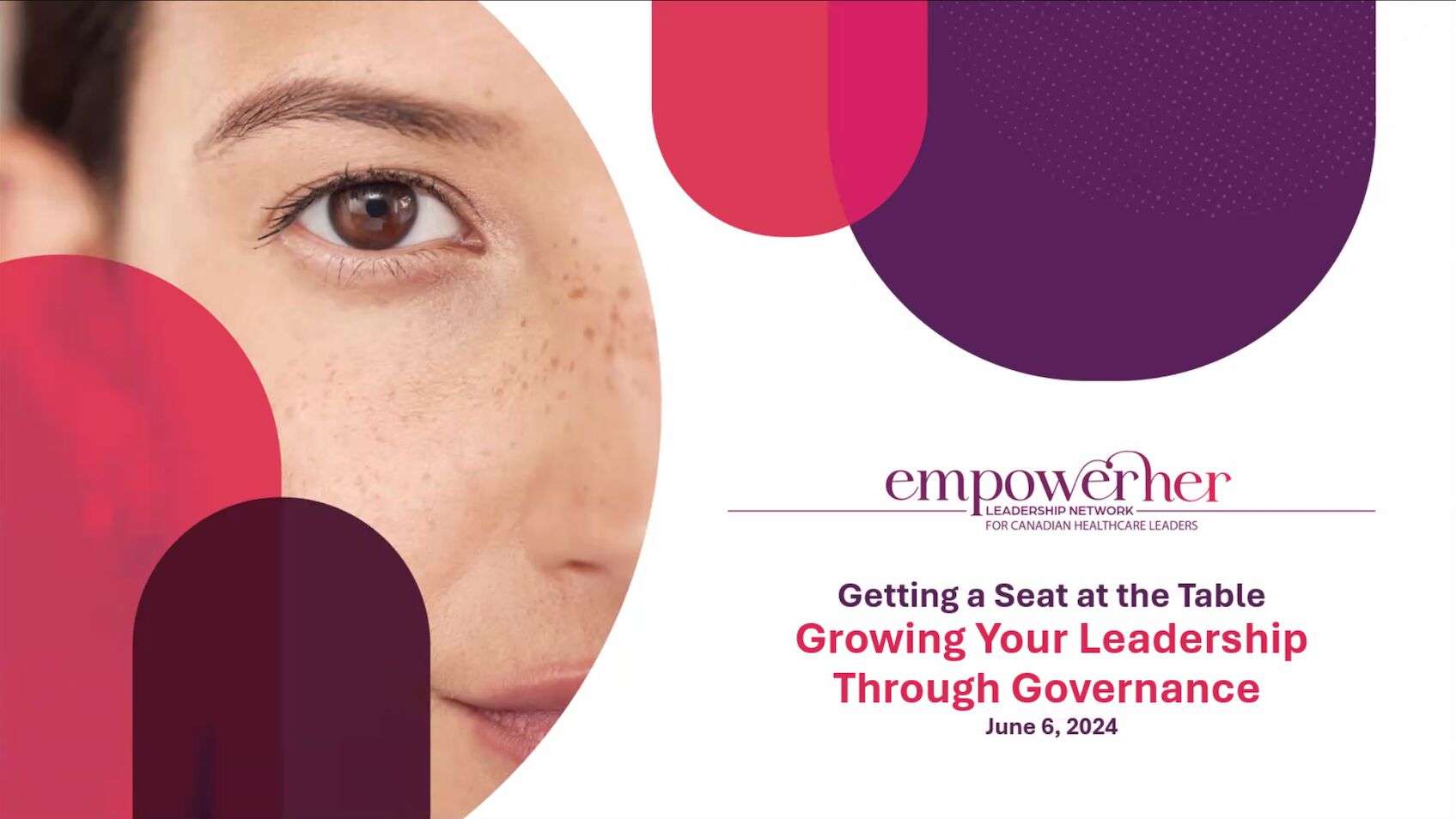 EmpowerHER banner with purple, maroon and pink blotches and the face of a woman with freckles positioned in the top left corner.