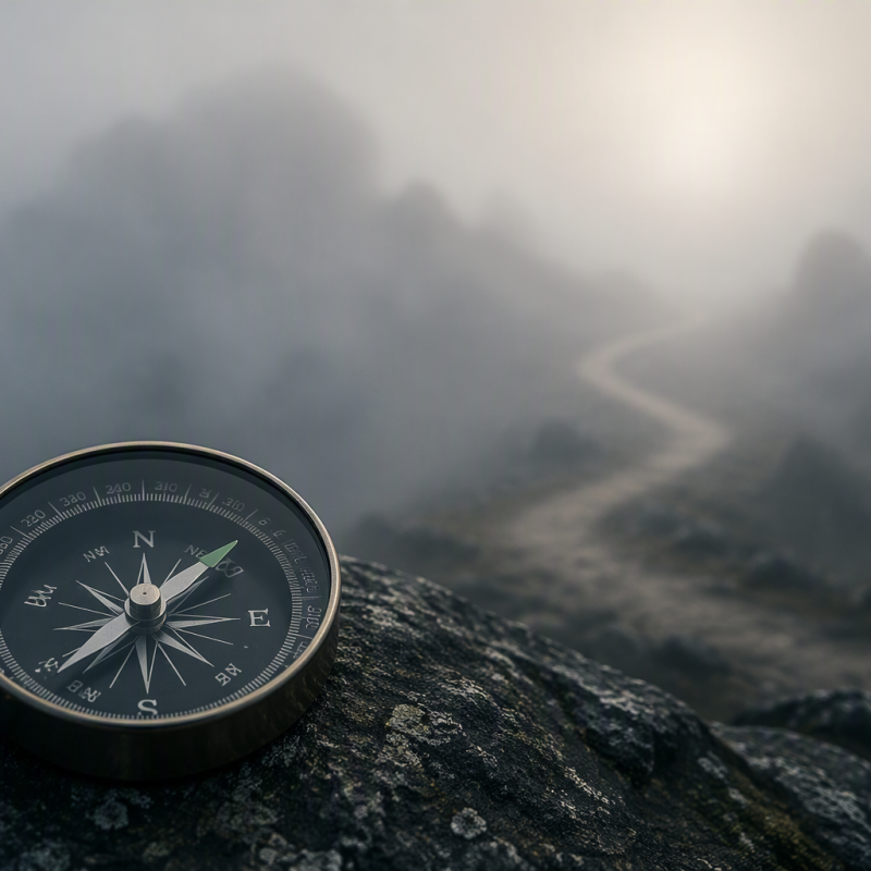 A compass on a mountain with a cloudy background to symbolize organizations governing AI amid rapid change.